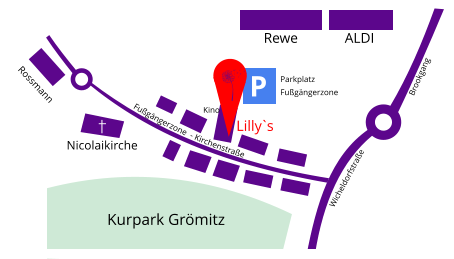 Kurpark Grömitz Rossmann Nicolaikirche Wicheldorfstraße P Rewe ALDI Brookgang Parkplatz  Fußgängerzone Kino Lilly`s Fußgängerzone  - Kirchenstraße